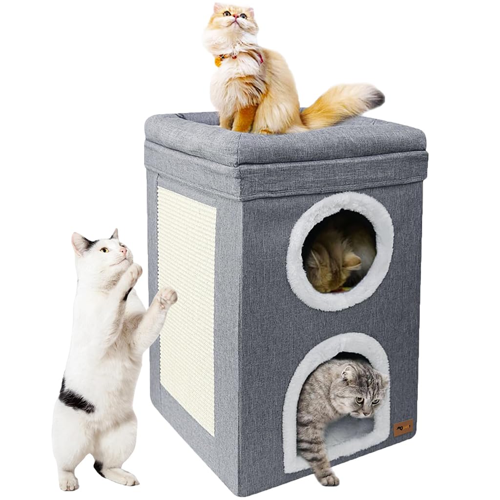 Qpets Cat Beds, 3-Layer Cat House Cozy Cotton Fodable Vertical Cat House with ATOP Bed & Scratch Board, Warm Cat Bed Hide Cat Cave Multi-Entry Game Tunnel Suitable for All Seasons Qpets Cat Beds, 3-Layer Cat House Cozy Cotton Fodable Vertical Cat House with ATOP Bed & Scratch Board, Warm Cat Bed Hide Cat Cave Multi-Entry Game Tunnel Suitable for All Seasons